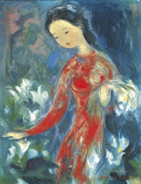 アジア人 Painting - VCD 花を持つ少女 アジア人